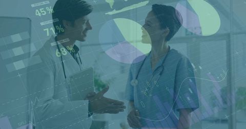 Medical Team Discussing Patient Data in Hospital Corridor with Digital Analytics Overlay