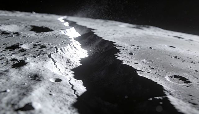 Lunar rille revealing deep trench and crater rim shadows with glinting regolith dust plume