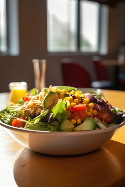 Perfect for articles about healthy eating, recipes, and lunch options, this image showcases a colorful and nutritious chicken salad featuring fresh avocado, corn, and cherry tomatoes. The bright, sunlit cafe setting highlights the freshness of the ingredients, making it appealing for use in contexts related to healthy lifestyle, dining out, and fresh cuisine promotions.