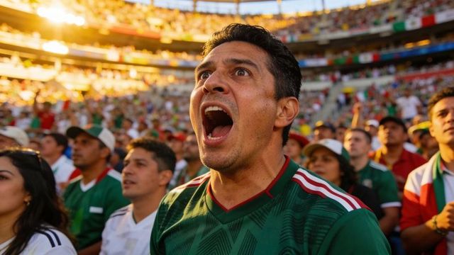 Passionate soccer fan shouting in packed stadium wearing green jersey and rallying crowd