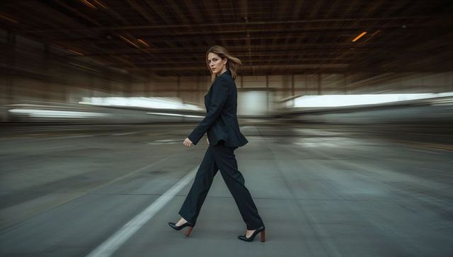 Confident woman in stylish black suit striding through industrial space