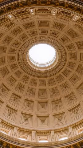 Vertical cinematic rotunda dome with oculus, coffered ceiling and classical moldings