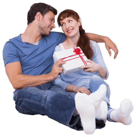 Caucasian Couple Embracing with Gift Transparent Background