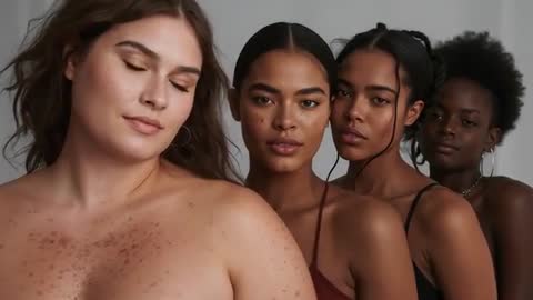 Diverse models shifting head poses in gray studio for beauty and fashion editorial