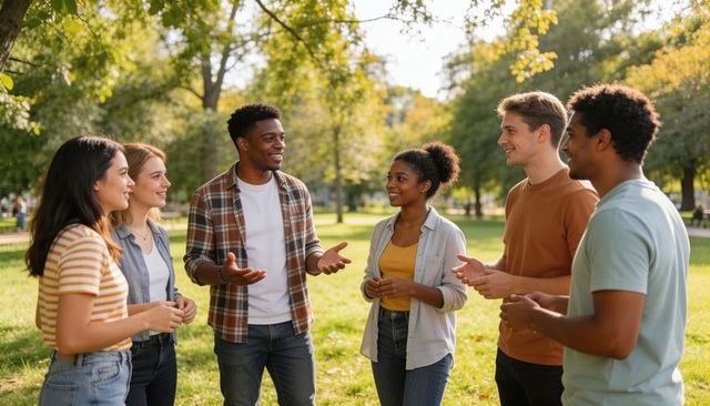 Diverse friends chatting in sunny park circle, casual outdoor conversation among young adults