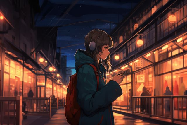 Teenage girl wearing headphones, standing on street at night in a Japanese market. Ideal for use in urban lifestyle, youth culture, travel blogs, and cultural design projects. Showcases night-time urban scenery of Japanese markets with a blend of traditional and modern ambiance.