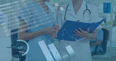 Healthcare team reviewing patient data and analytics on transparent medical dashboard