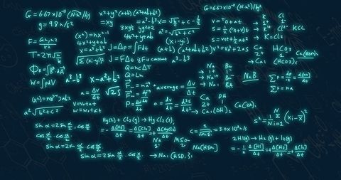 Complex mathematical equations glowing on dark background