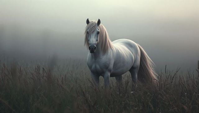 Graceful white horse amidst misty meadow at dawn