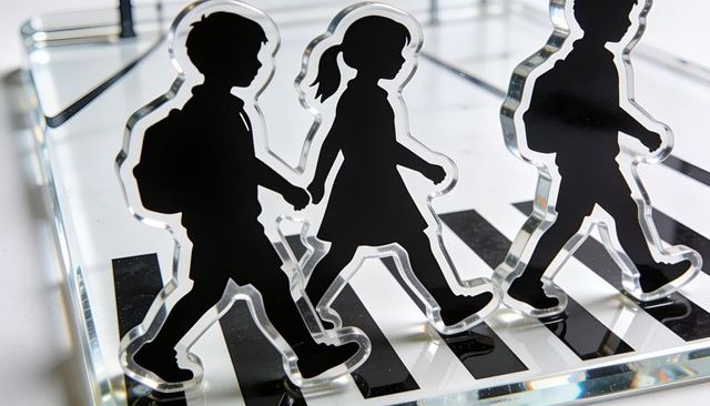 Three walking schoolchildren silhouettes crossing striped crosswalk acrylic display
