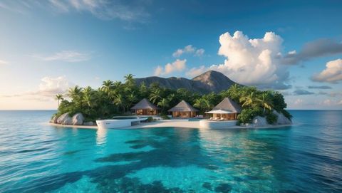 Luxurious private island resort with thatched bungalows in turquoise lagoon, millionaire lifestyle