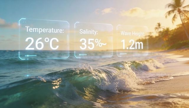 Hud ocean data overlaying sunlit tropical wave cresting at golden hour, temperature 26°c