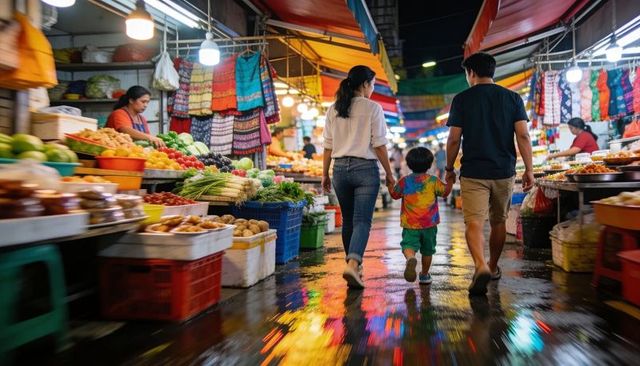Family walking through vibrant night market holding child's hands amid colorful stalls