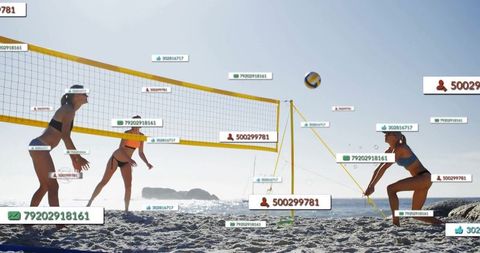 Athletic Women Playing Beach Volleyball with Statistics Overlay