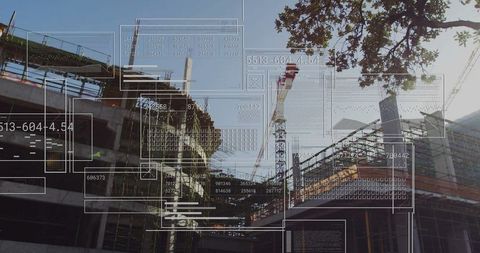 Construction Site with Data Overlay Highlighting Progress and Technology