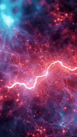 Neon energy filament sending electric light through red and blue tendrils vertical loop