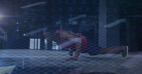 Athlete doing one-handed pushup with cybersecurity data overlay