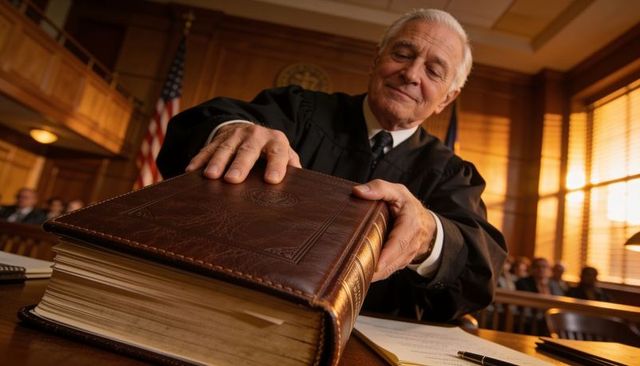 Senior judge placing leather law tome on bench in wood-paneled courtroom, judicial authority