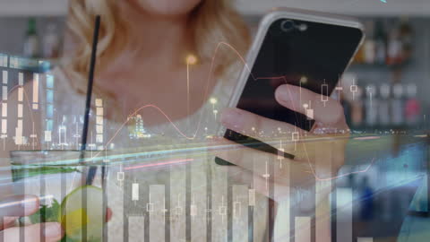 Overlay of Financial Data on Woman Using Smartphone