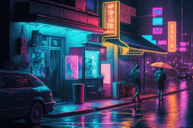 Street with people walking, building, neon lights with texts created using generative ai technology. Cityscape, color and light concept digitally generated image.