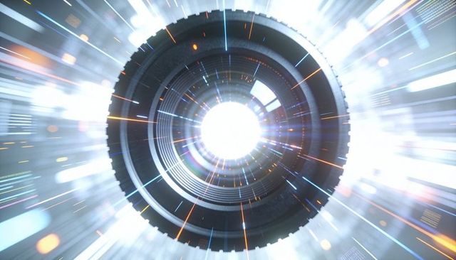 Futuristic lens vortex emitting radiant core light with hud panels, motion glow and flare
