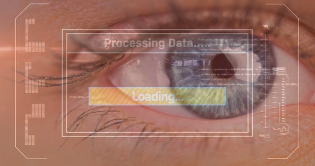 Close-up of a human eye with a futuristic digital interface overlaid, displaying 'Processing Data...' and a loading bar, suggesting advanced technology and DNA processing. Ideal for illustrating themes of biometric security, genetics research, futuristic advancements, scientific innovation, and data analysis in technology and medical fields.