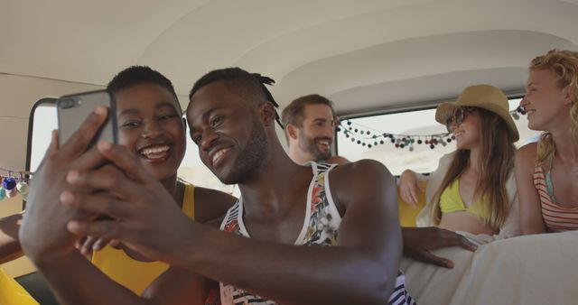 Group of Friends Taking Selfie During Road Trip in Camper Van - Download Free Stock Images Pikwizard.com