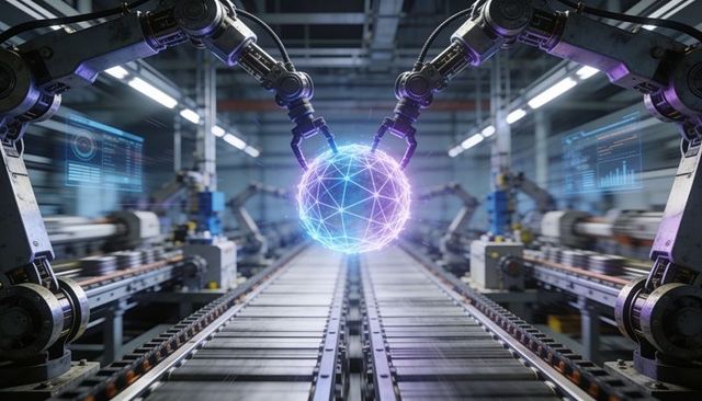 Robotic arms grasping holographic data sphere above conveyor in futuristic factory
