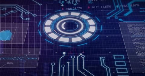 Rotating futuristic hud interface circular data display neon grid dashboard design
