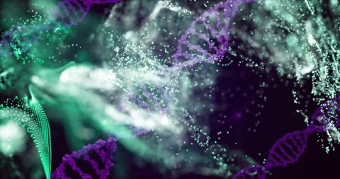 Neon genomic visualization showing purple dna helices amid teal molecular nebula