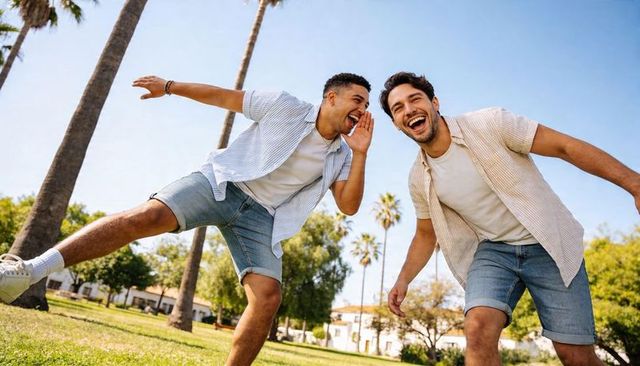 Two friends laughing and whispering while leaning in sunlit park with palm trees