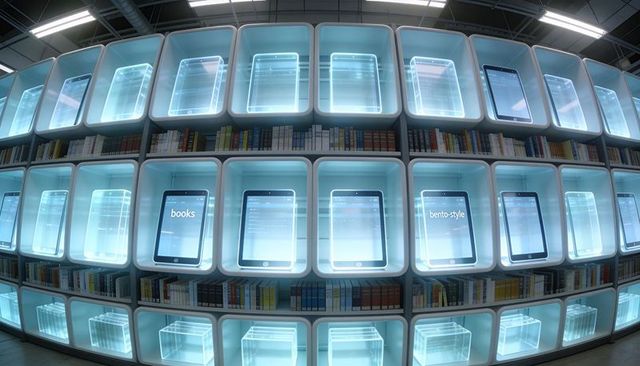 Curved modular shelving with backlit tablet displays and books in futuristic tech retail
