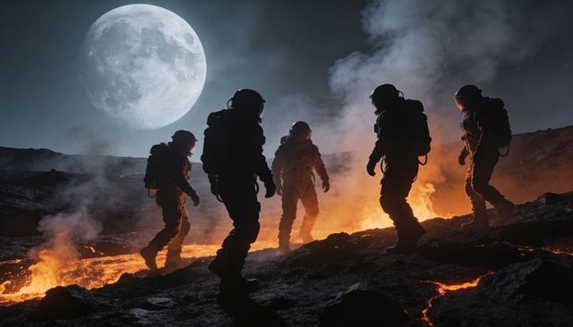 Five Astronauts Crossing Molten Lava Field Under Oversized Full Moon, Futuristic Sci-Fi