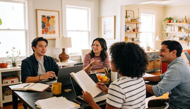 Remote team collaborating at home around table with laptops, notes and casual brainstorming