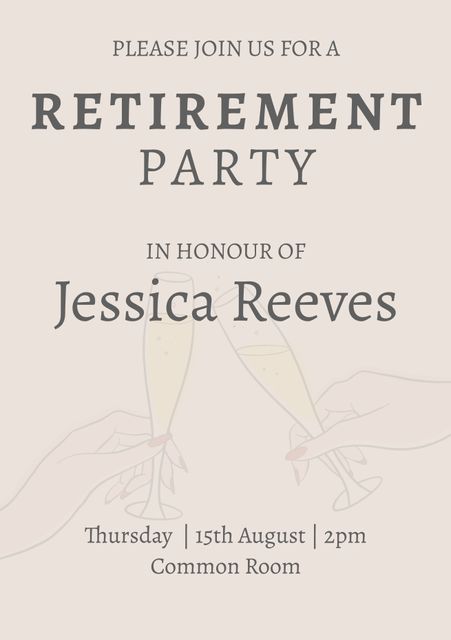 Ideal for creating invitations for retirement parties. Features an elegant and classy design with text overlaying on simple champagne glasses on a neutral beige background.