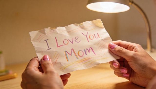 Handwritten i love you mom note on torn paper held by hands under warm desk lamp