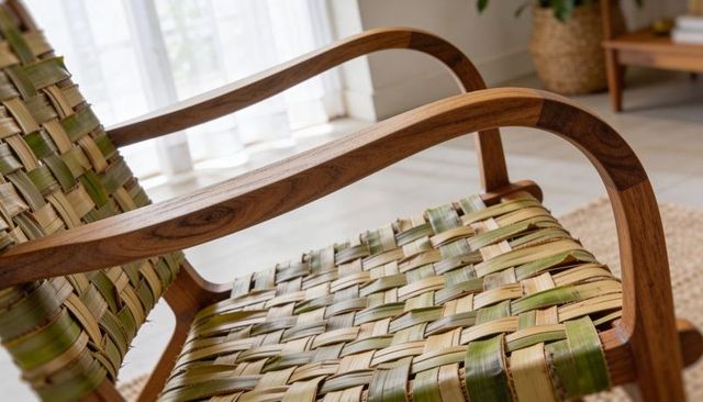 Handwoven palm leaf lounge chair featuring curved walnut arms in breezy cozy living room