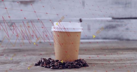 Coffee to-go cup with roasted beans on rustic wood table with red grid data visualization