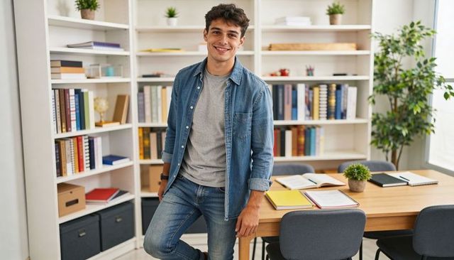 Young man leaning on wooden table in modern study surrounded by books and notebooks