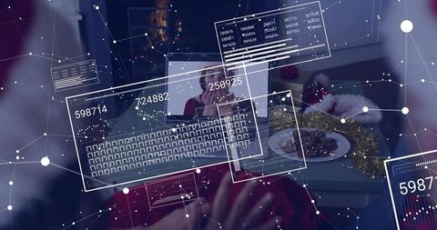 Augmented reality dashboard overlay showing data and virtual keyboard in festive living room