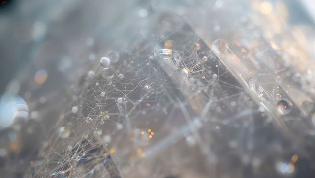 Macro web of glistening droplets refracting rainbow light on delicate filaments