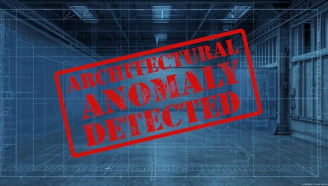 Industrial blueprint interior showing red architectural anomaly detected stamp