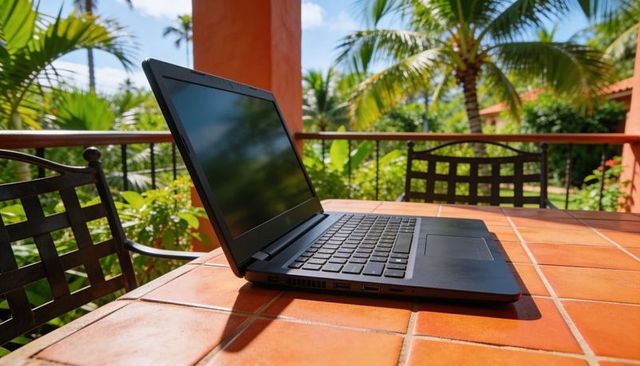 Black laptop reflecting tropical greenery on terracotta balcony table casting sunlit shadow