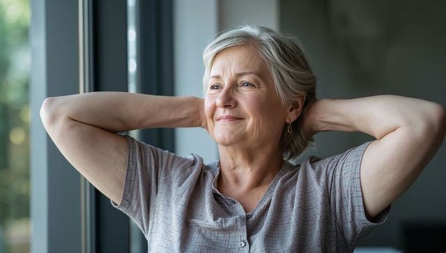 Senior woman gazing out window, hands behind head, enjoying peaceful morning reflection