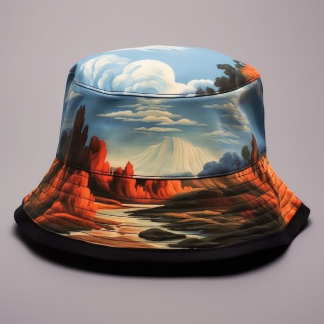This image showcases a stylish bucket hat featuring a vibrant nature-themed landscape print, which includes a dynamic mountain scene with clouds and a river. It can be used for fashion blogs, accessory advertisements, and outdoor gear catalogs to showcase unique and artistic clothing items.
