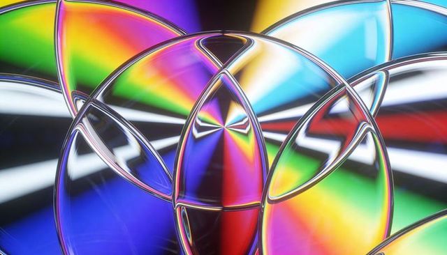 Prismatic glass discs refracting rainbow light with metallic rims, abstract kaleidoscope