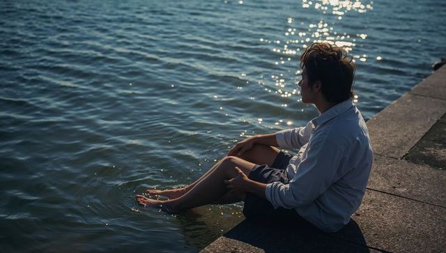 Asian man sitting on river quay soaking bare feet in sunlit water with reflective ripples