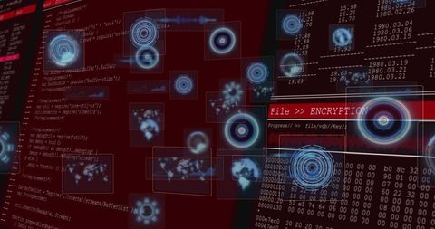 Futuristic cybersecurity dashboard encrypting data with pulsing hud orbs and radar displays