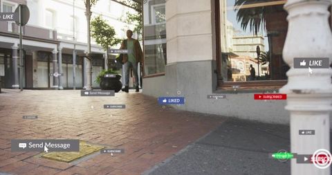 Walking man passing storefront with augmented reality social media overlays and copy space