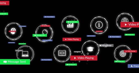 Neon Futuristic HUD Interface with Glowing Circular Icons and Colored Status Tags